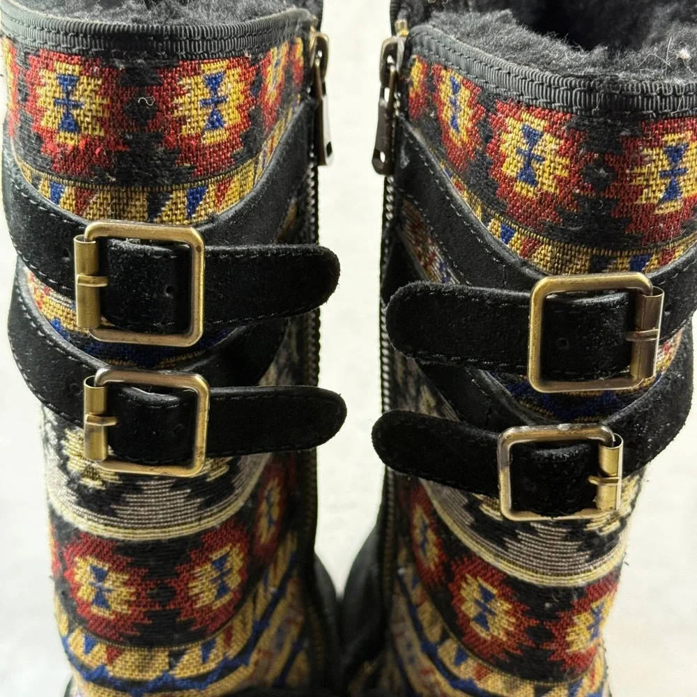 Lam Malanie Black Suede‎ Southwestern Tribal Buckle Mid-Calf Winter Boots 7